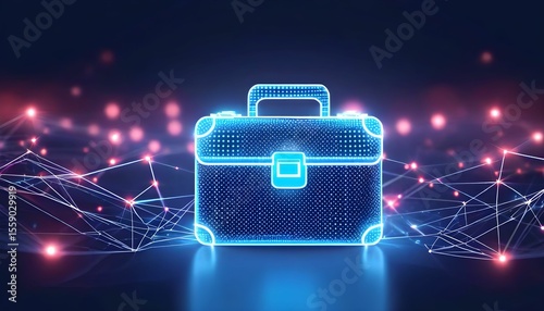 Digital briefcase icon illuminated against a network of connected nodes, abstract background.