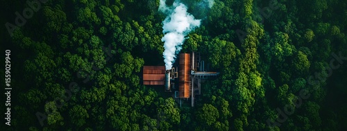 Top view of industrial activity with white smoke in the middle of dense green forest.
