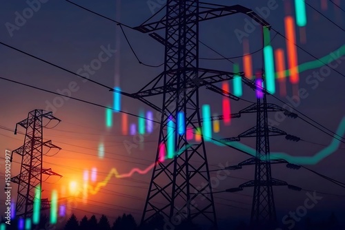High voltage towers on the background of stock charts. Electricity price change concept. Financial growth graph.