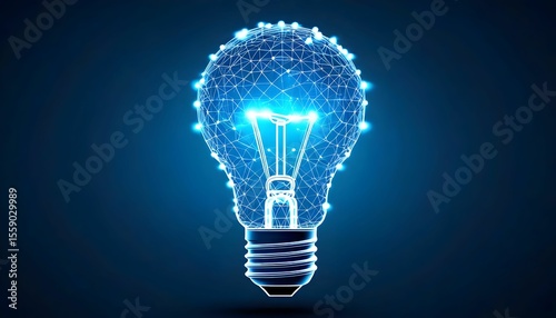 Glowing light bulb with a digital network surrounding it, set against a dark blue background.