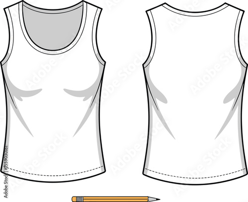 Classic White Tank Top and Pencil Design Template for Fashion Illustration, Apparel Mockup, and Technical Drawing with Front and Back Views, Versatile Clothing Element