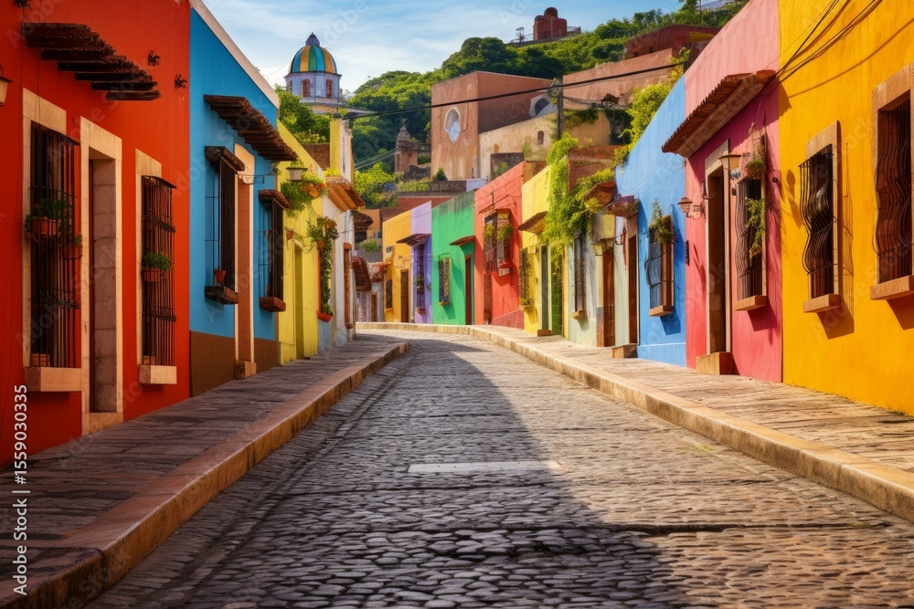 Fototapeta premium Traditional vibrant houses creating picturesque street view in historic mexican town