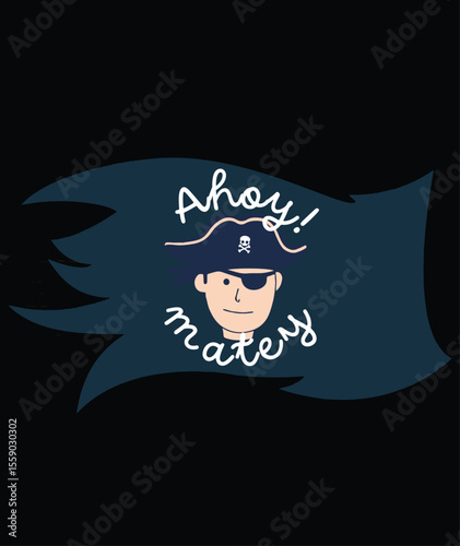 Ahoy Mateys!  A whimsical illustration of a one-eyed pirate captain on a tattered flag, perfect for nautical-themed projects or adventurous designs.