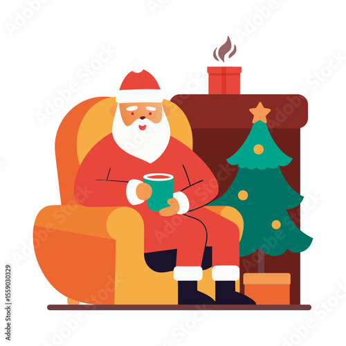 Santa Claus Drinking Coffee By Fireplace