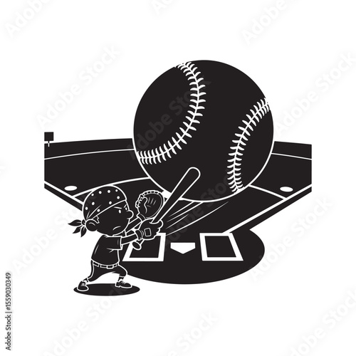 Baseball Player Swinging Bat at Ball on Field Silhouette vector illustrations