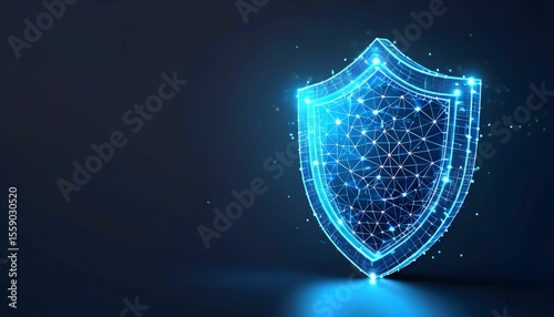Abstract glowing shield, polygonal network design, digital security concept.