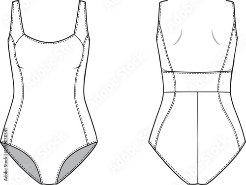 Technical flat sketch of a women's one-piece swimsuit with a scoop neck and criss-cross back straps, featuring front and back views, ideal for swimwear design, apparel, and pattern making.