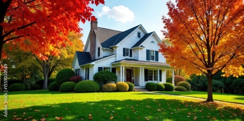 Charming suburban home, vibrant fall foliage surrounds lush green grass , blurred, oak