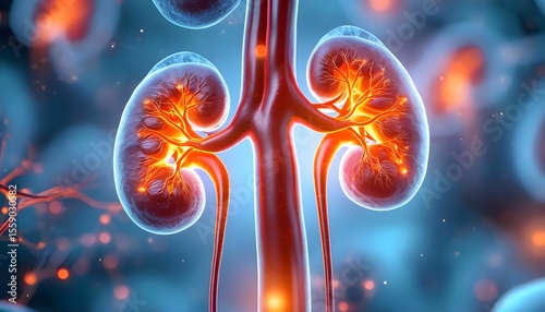 Detailed 3D medical illustration of human kidneys, highlighting their internal structure and blood vessels.