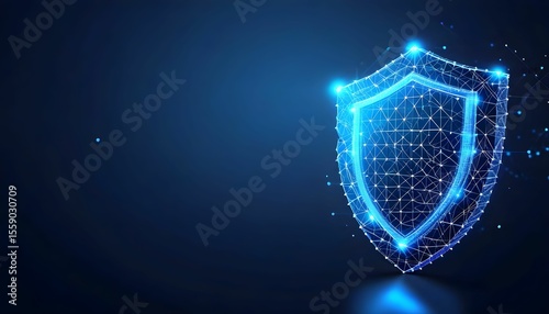 A glowing digital shield representing security and protection against a dark blue background.