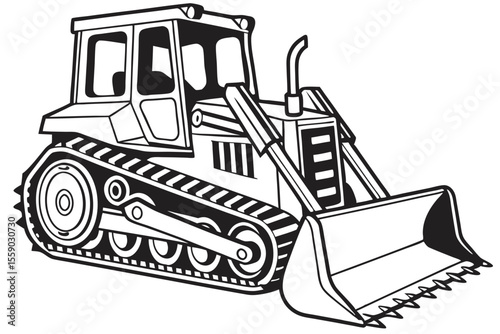 Cartoon Bulldozer Illustration Heavy Machinery Vehicle for Construction Work Earthmoving Black and White Design Ready for Coloring Pages