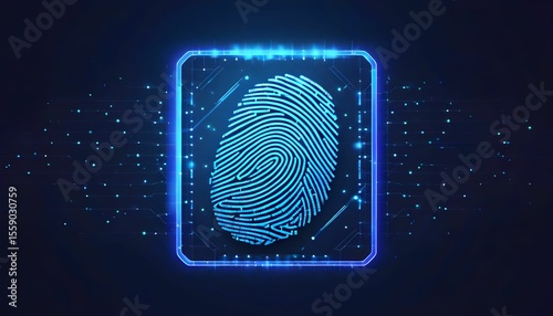Digital fingerprint biometric authentication security system with glowing blue circuit board and data points.