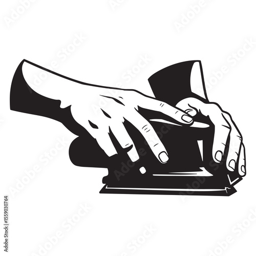 Black and white illustration of hands gripping and operating a sanding machine tool