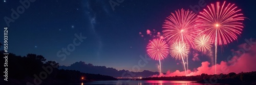 Exploding fireworks paint the night sky with vibrant colors , bright, holiday