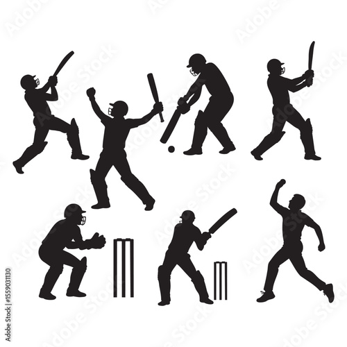 set of seven 07 silhouettes cricket, batsman, bowler, wicket keeper 