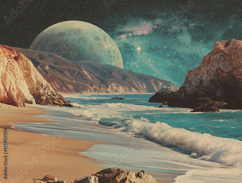 Surreal collage of space and beach combined