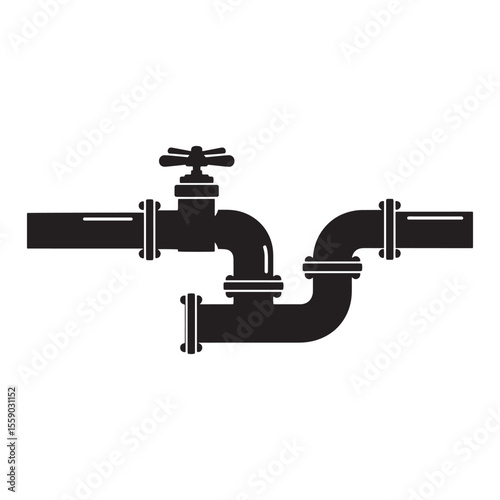 Black and white silhouette illustration of a water pipe system and valve with fittings