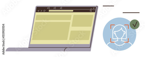 Open laptop with webpage layout, facial recognition profile verification icon. Ideal for cybersecurity, authentication, privacy, login systems, machine learning, biometrics, simple flat metaphor
