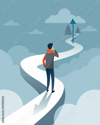 The person struggles to navigate through the fog unsure of which direction to go or what decisions to make.. Vector illustration