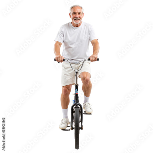 Elderly man smiling while riding a bicycle in casual clothing  