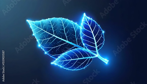 Glowing, digital representation of three interconnected leaves, illuminated with blue light.