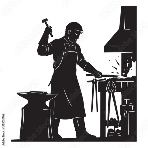 Blacksmith in action forging metal with hammer and anvil in a workshop silhouette