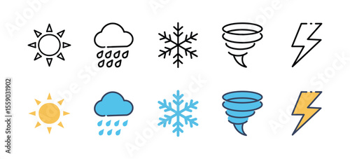 Weather Icon set. sun, rain, snowflake, tornado, thunderbolt  ,Weather forecast icon set in outline and flat style , vector illustration