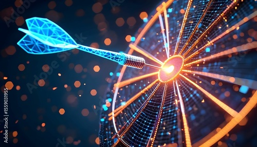 A glowing digital dart strikes the bullseye of a futuristic target.