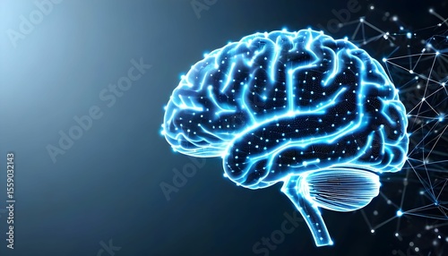 A glowing, digital representation of a human brain, with connected nodes.