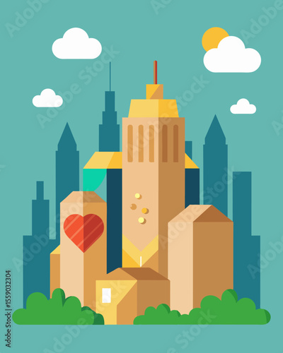 A cardboard out of a city skyline created from recycled cereal boxes serves as a backdrop for a photo booth at a sustainable living festival.. Vector illustration