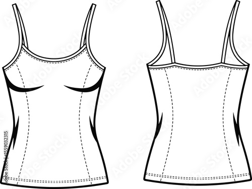  Fitted Cami Top with Adjustable Straps Design Template for Fashion Illustration, Apparel Mockup, and Technical Drawing with Front and Back Views, Versatile Undergarment or Layering Piece