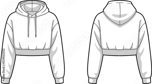 
Front and Back View of a Blank White Cropped Hoodie, Ideal for Streetwear, Casual Fashion, Activewear Design, and Apparel Mockups, Perfect for E-commerce Product Displays