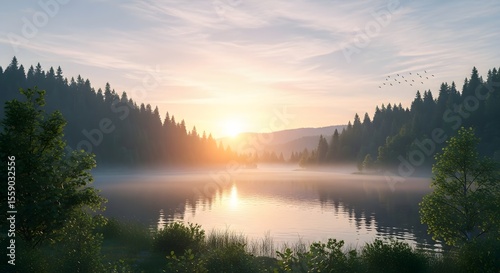 Idyllic Sunrise Over Misty Lake Surrounded by Forest, Tranquil Forest Lake Illuminated by Golden Sunrise: A Serene Natural Landscape