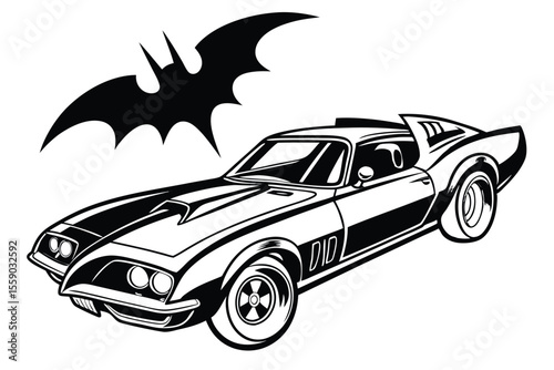 Dramatic Black and White Illustration of a Classic Muscle Car with a Bold Bat Silhouette Accentuating its Power