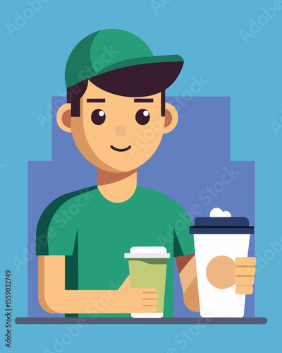 A customer at a coffee shop brings their own refillable mug eliminating the need for a paper cup and plastic lid.. Vector illustration