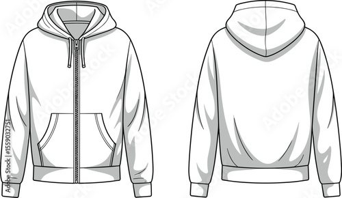 
Front and Back View of a Blank White Full-Zip Hoodie, Ideal for Customization, Apparel Design, Mockups, and E-commerce Product Displays, Featuring Casual Sportswear Style and Comfortable Fabric