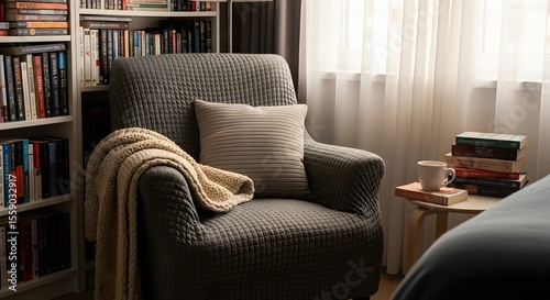 Cozy corner reading nook with armchair and books, A comfortable armchair setup for relaxing and reading with soft light, a bookshelf, and a side table
