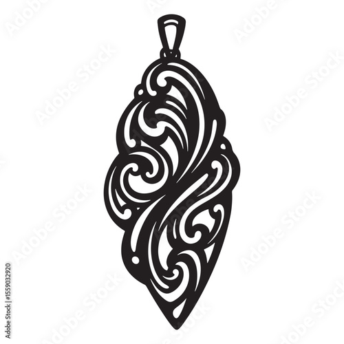 Elegant black pendant featuring ornate swirls and floral designs isolated on white background