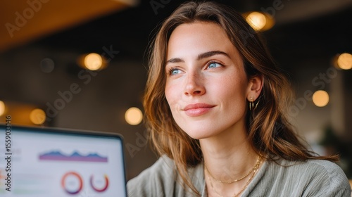A woman with a thoughtful expression sits in front of a laptop, surrounded by soft lighting and blurred background elements, conveying a sense of focus and creativity.