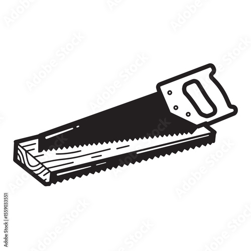 Hand saw cutting through wood depicting construction carpentry and diy projects with illustration