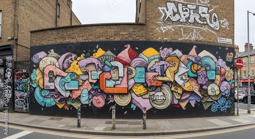 Artistic Expression in Brick Lane, London, Colorful Graffiti Art Adorns Urban Walls in Shoreditch