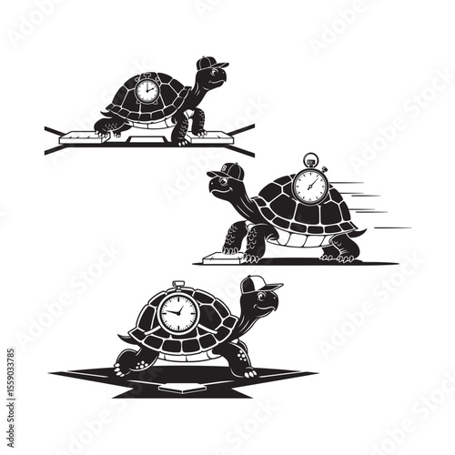 Black and white vector illustrations of turtles with stopwatch shells