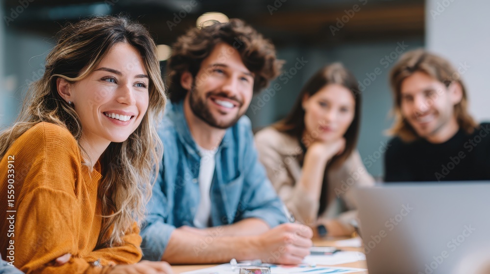 Obraz premium A group of four young professionals engaged in a meeting, smiling and collaborating around a table with a laptop and stationery.