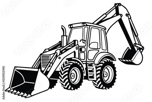 Striking Black and White Illustration of a Powerful Backhoe Loader Heavy Machinery for Construction Projects and Earthmoving Tasks