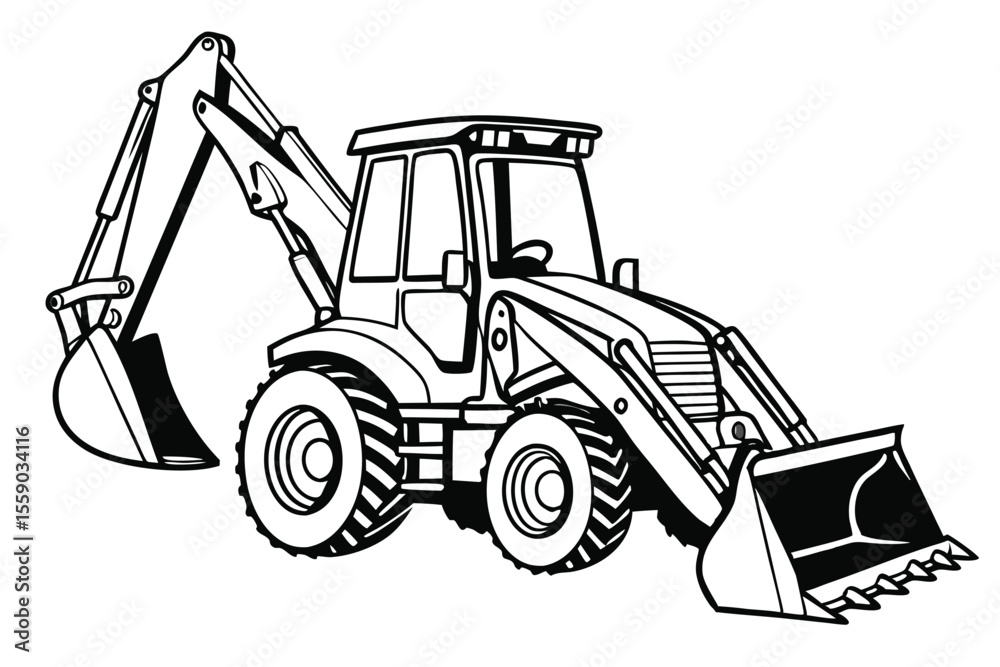 Naklejka premium Monochrome Illustration of a Backhoe Loader Ready to Dig and Excavate Materials in a Construction Site or Industrial Environment