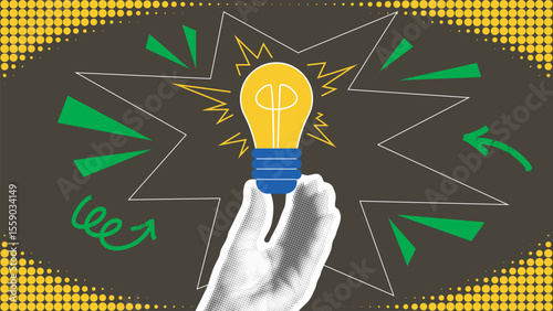 Got an idea - trendy collage hand holding light bulb. Concept of idea emergence, problem solving, brain activity and brainstorming. Horizontal banner in halftone style, vector