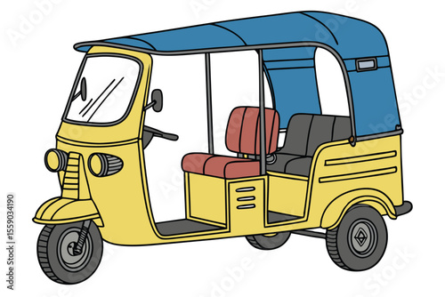 Colorful Auto Rickshaw Illustration Depicting a Three Wheeled Vehicle Used for Transportation and Travel in Some Countries