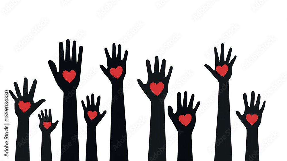 Fototapeta premium Vector illustration of raised hands with hearts symbolizing love and support