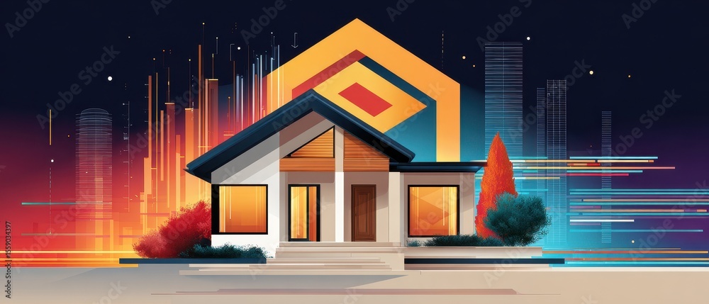 Obraz premium Modern house illustration with vibrant geometric shapes and urban background, showcasing contemporary architecture and design.