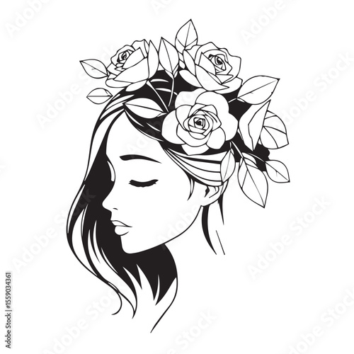 Elegant black and white illustration of a woman with roses in her hair